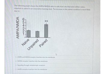 The following graph shows the AMPA/NMDA ratio in cells from rats that were either: naive,
unpaired or paired in an associative learning task. The increase in the paired condition is most likely
due to:
AMPA/NMDA
654321
Naive
Unpaired
Paired
O AMPA and NMDA receptor insertion into the membrane
O NMDA receptor insertion into the membrane
O Signaling through metabotropic receptors
O AMPA receptor insertion into the membrane