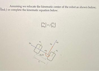 Assuming we relocate the kinematic center of the robot as shown below,
find J or complete the kinematic equation below.
[]=[₂]
VR
YR
3L/4
L
WR
XR
V2