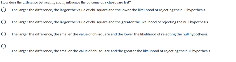 How does the difference between f, and f, influence the outcome of a chi-square test?
The larger the difference, the larger the value of chi-square and the lower the likelihood of rejecting the null hypothesis.
The larger the difference, the larger the value of chi-square and the greater the likelihood of rejecting the null hypothesis.
The larger the difference, the smaller the value of chi-square and the lower the likelihood of rejecting the null hypothesis.
The larger the difference, the smaller the value of chi-square and the greater the likelihood of rejecting the null hypothesis.
