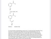 ÓH
(1)
Ac20 / H3PO4 / 75°C
ČH3
(4)
Scheme 2:
Acylation of (1)
To a stirred solution of hydroxybenzoic acid 1 (1.0 g, 7.2 mmol) and acetic anhydride (2.5 mL,
26.4 mmol, 3.7 equivalents) was added 3 drops of concentrated phosphoric acid. The
solution was stirred and warmed to 75°C on a water bath until TLC (1:2 EtOAc:Heptane)
deemed the reaction complete. Afterwards, the reaction mixture was removed from the
water bath, 15 mL of water was added and the precipitate that formed was vacuum filtered.
The resulting solid was dissolved in a conical flask in 3 ml of hot ethanol and then poured
into 15 ml of water. After cooling the solution in an ice bath, the resulting precipitate was
vacuum filtered and left as such for 15 min to dry the crystals.
