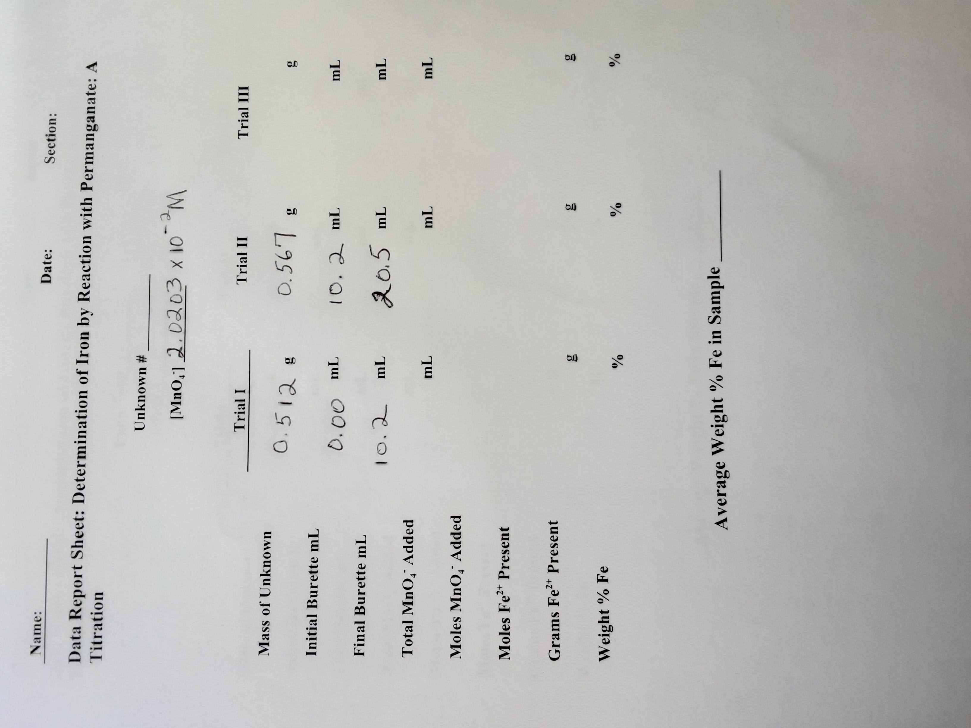 Name:
Date:
Section:
Data Report Sheet: Determination of Iron by Reaction with Permanganate: A
Titration
Unknown #
We 01 X E
Trial I
Trial II
III [BL
Mass of Unknown
0.512
Initial Burette mL
0.00 mL
Final Burette mL
20.5mL
mL
0.2
Total MnO, Added
Moles MnO, Added
Moles Fe?+ Present
Grams Fe²* Present
Weight % Fe
Average Weight % Fe in Sample
