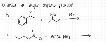 **Transcription for Educational Website**

**Question 3: Show the Major Organic Product**

**Part h:**

- **Reactants:**
  - A benzene ring with an attached acyl group (phenyl ketone).
  - A propylamine (with NH₂ group) molecule.
  
- **Conditions:**
  - Acidic conditions (H⁺ indicated).

**Part i:**

- **Reactants:**
  - A molecule with a four-carbon chain featuring a terminal chlorine atom and an acyl group (acyl chloride).
  
- **Reagent:**
  - Excess ammonia (NH₃).

**Explanation:**

- *In Part h*, the reaction likely involves a nucleophilic substitution or addition between the amine and the carbonyl group under acidic conditions.
  
- *In Part i*, the reaction involves excess ammonia reacting with an acyl chloride, which typically leads to the formation of an amide and hydrochloric acid as a byproduct.