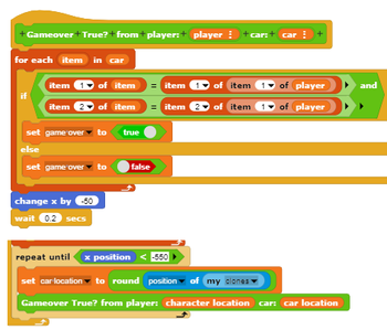 + Gameover + True? +from+player: + player !
player! + car: car +
for each item in car
Th
M
M
item
item 2
of item
of item
set game over to true
else
set game over to
change x by -50
wait 0.2 secs
= item
= item 2
= item
2
false
of item 1 of player
of player
of item 1
repeat until x position <-550
set car location to round position of my clones
Gameover True? from player: character location car: car location
and