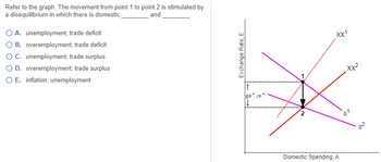 Refer to the graph. The movement from point 1 to point 2 is stimulated by
a disequilibrium in which there is domestic
and
O A. unemployment; trade deficit
O B. overemployment; trade deficit
OC. unemployment; trade surplus
O D. overemployment; trade surplus
O E. inflation; unemployment
Exchange Rate, E
|↑
EP/P
|↓
XX¹
Domestic Spending, A
Xx²
<=
2