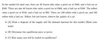 In the market for used cars, there are 40 buyers who value a good car at $180, and a bad car at
$100. There are also 40 buyers who value a good car at $400, nd a bad car at $100. The sellers
value a good car at $150, and a bad car at $50. There are 100 sellers with a good car, and 100
sellers with a bad car. Selkers, but not buyers, observe the quality of a car.
• (A) Draw a diagram of the supply and the demand fanction for this market (Shơw your
work)
• (B) Determine the equilibrium price or prices
(C) How many cars will be traded in equilkbrium?
