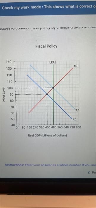 Check my work mode: This shows what is correct o
Ecives to conut ca puncy by changing lants to
Fiscal Policy
140
LRAS
AS
130
120
110
100
Price Level
90
80
70
60
50
AD,
40
0 80 160 240 320 400 480 560 640 720 800
Real GDP (billions of dollars)
Instructions: Enter your answer as a whole number if unu are
< Pri
AD