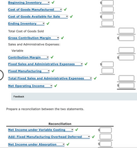 Beginning Inventory
Cost of Goods Manufactured
$
Cost of Goods Available for Sale
Ending Inventory
Total Cost of Goods Sold
Gross Contribution Margin
Sales and Administrative Expenses:
Variable
Contribution Margin
Fixed Sales and Administrative Expenses
Fixed Manufacturing
Total Fixed Sales and Administrative Expenses
Net Operating Income
Feedback
Prepare a reconciliation between the two statements.
Reconciliation
Net Income under Variable Costing
Add: Fixed Manufacturing Overhead Deferred
Net Income under Absorption
