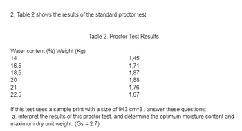 2. Table 2 shows the results of the standard proctor test
Water content (%) Weight (kg)
14
16,5
18,5
20
21
22,5
Table 2. Proctor Test Results
1,45
1,71
1,87
1,88
1,76
1,67
If this test uses a sample print with a size of 943 cm^3, answer these questions:
a. interpret the results of this proctor test, and determine the optimum moisture content and
maximum dry unit weight. (Gs = 2.7)