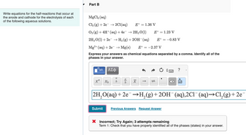 Write equations for the half-reactions that occur at
the anode and cathode for the electrolysis of each
of the following aqueous solutions.
Part B
MgCl2 (aq)
Cl2 (g) + 2e2Cl(aq)
E° 1.36 V
O2 (g) + 4H+ (aq) + 4e¯ → 2H2O(1)
E° = 1.23 V
2H2O(1) + 2e → H2(g) +20H(aq)
E° 0.83 V
E° -2.37 V
Mg2+ (aq) + 2e → Mg(s)
Express your answers as chemical equations separated by a comma. Identify all of the
phases in your answer.
ΑΣΦ
a
xa
a
Хь b
b
Χ
☑
2H2O(aq) + 2e¯¯ →H2(g) +2OH¯ (aq), 2C1¯¯ (aq) →C12(g) + 2e¯
Submit
Previous Answers Request Answer
× Incorrect; Try Again; 3 attempts remaining
Term 1: Check that you have properly identified all of the phases (states) in your answer.