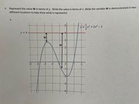 3. Represent the value W in terms of y. Write the value in terms of x. (Note the variable W is demonstrated in two
different locations to help show what is represents)
a.
-5-
1
y =
x³ + 2x2 - 2
2
y = 4
W
3-
2-
-5
-4
-3
-2
1
-3-
-4
