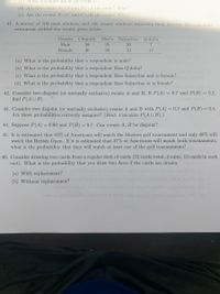 (c) What outcomes are in the event C"?
(d) Are the events ANB and BNA the same? Why?
(e) Are the events BUC and CUB the same? Why?
41. A survey of 100 male students and 100 female students regarding their favorite Mexican food
restaurant yielded the results given below.
Gender Chipotle Moe's Salsaritas Q'doba
Male
38
35
20
Female
40
30
13
17
(a) What is the probability that a respondent is male?
(b) What is the probability that a respondent likes Q'doba?
(c) What is the probability that a respondent likes Salsaritas and is female?
(d) What is the probability that a respondent likes Salsaritas or is female?
42. Consider two disjoint (or mutually exclusive) events A and B. If P(A) = 0.7 and P(B) = 0.2,
find P(AU B).
43. Consider two disjoint (or mutually exclusive) events A and B with P(A) = 0.7 and P(B) = 0.4.
Are these probabilities correctly assigned? (Hint: Calculate P(A U B).)
44. Suppose P(A) = 0.60 and P(B) = 0.7. Can events A, B be disjoint?
45. It is estimated that 63% of Americans will watch the Masters golf tournament and only 48% will
watch the British Open. If it is estimated that 37% of Americans will watch both tournaments,
what is the probability that they will watch at least one of the golf tournaments?
46. Consider drawing two cards from a regular deck of cards (52 cards total, 4 suits, 13 cards in each
suit). What is the probability that you draw two Aces if the cards are drawn
(a) With replacement?
(b) Without replacement?
