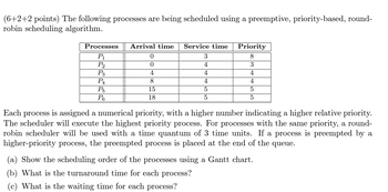 (6+2+2 points) The following processes are being scheduled using a preemptive, priority-based, round-
robin scheduling algorithm.
Processes
Arrival time
Service time
Priority
P₁
0
3
8
P2
0
4
3
P3
4
4
4
P4
8
4
4
P5
P6
5
5
5
5
15
18
Each process is assigned a numerical priority, with a higher number indicating a higher relative priority.
The scheduler will execute the highest priority process. For processes with the same priority, a round-
robin scheduler will be used with a time quantum of 3 time units. If a process is preempted by a
higher-priority process, the preempted process is placed at the end of the queue.
(a) Show the scheduling order of the processes using a Gantt chart.
(b) What is the turnaround time for each process?
(c) What is the waiting time for each process?