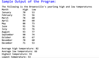 Sample Output of the Program:
The following is the Brownsville's yearlong high and low temperatures
Month
High
Low
January
February
70
53
74
56
March
78
60
April
May
84
68
88
73
June
91
76
July
August
September
93
76
93
77
90
74
October
85
67
November
78
60
December
71
53
Average high temperature: 82
Average low temperature: 66
Highest temperature: 93
Lowest temperature: 53
