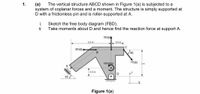 The vertical structure ABCD shown in Figure 1(a) is subjected to a
(a)
system of coplanar forces and a moment. The structure is simply supported at
D with a frictionless pin and is roller-supported at A.
1.
i.
Sketch the free body diagram (FBD).
Take moments about D and hence find the reaction force at support A.
ii.
35 kNA
25m
05m
80 kN+
60
100 KNm
75 KN
2m
05 m
D
45
Figure 1(a)
