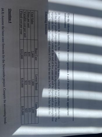 Use the following information to answer questions 4 and 5 (including their appropriate
subsections)
D. Newcombe & Associates, Inc., is considering the introduction of a new product. Production
of the new product requires an investment of $140,000 in equipment that has a five-year life. The
equipment has no salvage value at the end of five years and will be depreciated on a straight-line
basis. Newcombe's required return is 15%, and the tax rate is 34%. The firm has made the
following forecasts:
Unit Sales
Price per unit
Variable cost per unit
Fixed cost per year
Base Case
2,000
$55
$22
$10,000
Lower Bound
1,800
$55
$22
$10,000
Upper Bound
2,200
$55
$22
$10,000
Question 4
(4.1) Assume the base-case forecasts for the Newcombe project. Compute the accounting break-