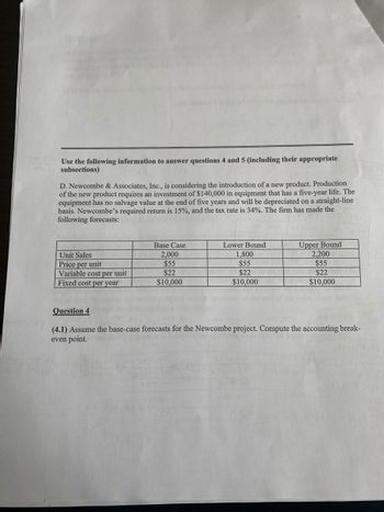 Use the following information to answer questions 4 and 5 (including their appropriate
subsections)
D. Newcombe & Associates, Inc., is considering the introduction of a new product. Production
of the new product requires an investment of $140,000 in equipment that has a five-year life. The
equipment has no salvage value at the end of five years and will be depreciated on a straight-line
basis. Newcombe's required return is 15%, and the tax rate is 34%. The firm has made the
following forecasts:
Unit Sales
Price per unit
Variable cost per unit
Fixed cost per year
Base Case
2,000
$55
$22
$10,000
Lower Bound
1,800
$55
$22
$10,000
Upper Bound
2,200
$55
$22
$10,000
Question 4
(4.1) Assume the base-case forecasts for the Newcombe project. Compute the accounting break-
even point.