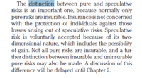 The distinction between pure and speculative
risks is an important one, because normally only
pure risks are insurable. Insurance is not concerned
with the protection of individuals against those
losses arising out of speculative risks. Speculative
risk is voluntarily accepted because of its two-
dimensional nature, which includes the possibility
of gain. Not all pure risks are insurable, and a fur-
ther distinction between insurable and uninsurable
pure risks may also be made. A discussion of this
difference will be delayed until Chapter 2.
