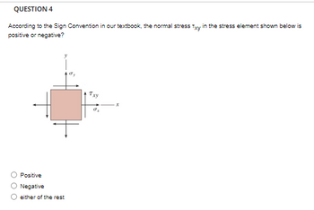 QUESTION 4
According to the Sign Convention in our textbook, the normal stress Txy in the stress element shown below is
positive or negative?
Positive
O Negative
either of the rest