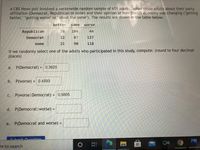 A CBS News poll involved a nationwide random sample of 651 adults, asked those adults about their party
affiliation (Democrat, Republican or none) and their opinion of how the US economy was changing ("getting
better," "getting worse" or "about the same"). The results are shown in the table below.
better
same
worse
Republican
38
104
44
Democrat
12
87
137
none
| 21
90
| 118
If we randomly select one of the adults who participated in this study, compute: (round to four decimal
places)
a. P(Democrat) = 0.3625
b. P(worse) = 0.4593
%3D
C. P(worse Democrat) = 0.5805
d. P(Democrat |worse) =
%3D
e. P(Democrat and worse) =
%3D
Gubmit Ouoction
18
re to search
