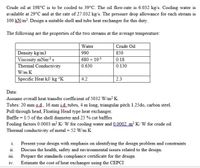 Crude oil at 198°C is to be cooled to 39°C. The oil flow-rate is 6.032 kg/s. Cooling water is
available at 29°C and at the rate of 27.032 kg/s. The pressure drop allowance for each stream is
100 kN/m?. Design a suitable shell and tube heat exchanger for this duty.
The following are the properties of the two streams at the average temperature:
Water
Crude Oil
Density kg/m3
Viscosity mNm2s
Thermal Conductivity
990
850
680 x 10-3
0.18
0.630
0.130
W/m K
Specific Heat kJ/ kg °K
4.2
2.3
Data:
Assume overall heat transfer coefficient of 5032 W/m? K.
Tubes: 20 mm o.d, 16 mm id tubes, 4 m long, triangular pitch 1.25do, carbon steel.
Pull through head, Floating Head type heat exchanger.
Baffle = 1/5 of the shell diameter and 25 % cut baffles
Fouling factors 0.0003 m² K/ W for cooling water and Q.0002 m² K/ W for crude oil
Thermal conductivity of metal = 52 W/m K
i.
Present your design with emphasis on identifying the design problem and constraints
ii.
Discuss the health, safety and environmental issues related to the design.
Prepare the standards compliance certificate for the design
111.
iv.
Estimate the cost of heat exchanger using the CEPCI
