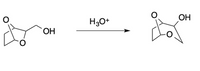 The image depicts a chemical reaction involving two molecular structures and an arrow indicating the transformation process. 

On the left side, the molecule is a bicyclic structure with two rings sharing a common oxygen atom. It features a ketone group (C=O) on the leftmost part and an alcohol group (OH) attached to one of the carbon atoms in the right ring.

The reaction condition is shown as "H₃O⁺," which is an acidic medium indicating the presence of hydronium ions.

On the right side of the arrow, the product of the reaction is another bicyclic compound. This product retains the ketone and alcohol groups but shows a rearrangement of the molecules, indicating that the reaction likely involved a structural reorganization under acidic conditions.

This image is representative of an acid-catalyzed rearrangement, a common mechanism in organic chemistry.