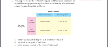 1. Two soap producers, the Fortnum Company and the Maison Company, can
stress either newspapers or magazines in their forthcoming advertising cam-
paigns. The payoff matrix is as follows:
Maison Company
Stress newspapers
Stress magazines
Stress
newspapers
$8 mm, $9 mm
$7 mm, $8 mm
Fortnum
Company
Stress
magazines
$9 mm, $8 mm
$8 mm, $7 mm.
a. Is there a dominant strategy for each firm? If so, what is it?
b. What will be the profit of each firm?
c. Is this game an example of the prisoner's dilemma?