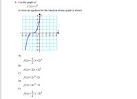 6. **Use the graph of \( f(x) = x^3 \) to write an equation for the function whose graph is shown.**

### Graph Explanation:

The graph is a transformed version of the cubic function \( f(x) = x^3 \). It features a curve that starts from the bottom left, passes through the origin, and extends to the top right of the grid. The grid has labeled axes, with the x-axis ranging from -5 to 5 and the y-axis also ranging from -5 to 5.

**Multiple Choice Options:**

A) \( f(x) = \frac{1}{2}(x+2)^3 \)

B) \( f(x) = 2(x+2)^3 \)

C) \( f(x) = 2x^3 + 2 \)

D) \( f(x) = 2x^3 - 2 \)

E) \( f(x) = \frac{1}{2}(x-2)^3 \)

The task is to determine which of these equations corresponds to the graphed function.