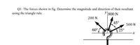 QI: The forces shown in fig. Determine the magnitude and direction of their resultant
using the triangle rule.
y 800 N
200 N
45°
500 N
60°
25°
