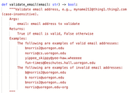 ```python
def validate_email(email: str) -> bool:
    """
    Validate email address, e.g., myname212@thing1.thing2.com (case-insensitive).
    
    Args:
        email: email address to validate
        
    Returns:
        True if email is valid, False otherwise
        
    Examples:
        The following are examples of valid email addresses:
        - bnorris2@uoregon.edu
        - norris@cs.uoregon.edu
        - yippee_skippy@yee-haw.wheeeee
        - fun-times@Deschutes.hall.uoregon.edu
        
        The following are examples of invalid email addresses:
        - b@norris2@uoregon.edu
        - b norris@uoregon.edu
        - bnorris2@uoregon..edu
        - bnorris@uoregon.edu-org
    """
```

**Explanation:**

- **Function Name**: `validate_email`
- **Parameters**: Takes a single parameter `email` of type string.
- **Returns**: A boolean value indicating whether the email is valid (`True`) or not (`False`).

**Examples of Valid Email Addresses**:
1. bnorris2@uoregon.edu
2. norris@cs.uoregon.edu
3. yippee_skippy@yee-haw.wheeeee
4. fun-times@Deschutes.hall.uoregon.edu

**Examples of Invalid Email Addresses**:
1. b@norris2@uoregon.edu (contains two '@' symbols)
2. b norris@uoregon.edu (contains a space)
3. bnorris2@uoregon..edu (contains double dots)
4. bnorris@uoregon.edu-org (incorrect domain format)

This code outlines a typical email validation function highlighting common patterns for valid and invalid email formats.