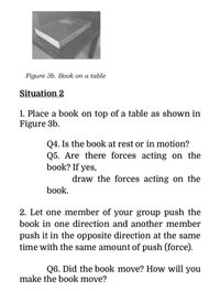 Figure 3b. Book on a table
Situation 2
1. Place a book on top of a table as shown in
Figure 3b.
Q4. Is the book at rest or in motion?
Q5. Are there forces acting on the
book? If yes,
draw the forces acting on the
book.
2. Let one member of your group push the
book in one direction and another member
push it in the opposite direction at the same
time with the same amount of push (force).
Q6. Did the book move? How will you
make the book move?
