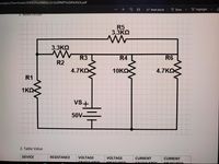 ### Circuit Diagram Explanation

This educational page presents a circuit diagram consisting of a combination of series and parallel resistors connected to a 50V voltage source. Below is a detailed description of the configuration:

#### Components:

1. **Voltage Source (VS):**
   - The circuit is powered by a 50V voltage source.

2. **Resistors:**
   - **R1:** 1 kΩ
   - **R2:** 3.3 kΩ
   - **R3:** 4.7 kΩ
   - **R4:** 10 kΩ
   - **R5:** 3.3 kΩ
   - **R6:** 4.7 kΩ

#### Configuration:

- **R1, R2, and R5** are connected in series along the top part of the circuit. 
- **R3 and R4** are configured in parallel. This parallel combination is connected in series with the rest.
- **R6** is connected in series at the right part of the circuit, closing the loop.

This circuit allows for unique investigation into the effects of combining series and parallel resistances within a single electric circuit, impacting both the total resistance and current distribution.

#### Key Concepts:

- **Series Circuits**: The total resistance is the sum of the resistances, causing the same current to flow through each resistor.
- **Parallel Circuits**: The total resistance is reduced, and the voltage across each element is the same, allowing different paths for the current.

This diagram can be useful when learning about basic electronic principles, demonstrating how different resistor configurations affect overall circuit behavior.