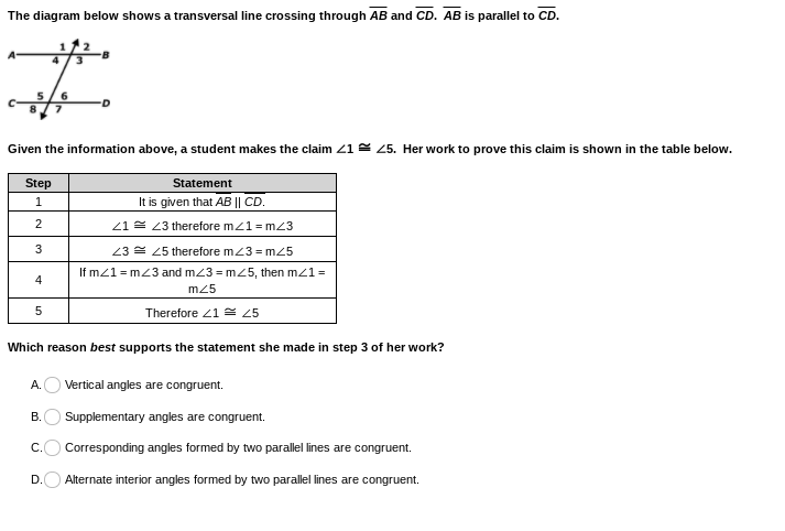 4) Angles 3 and 6 are congruent. What would you use to prove those