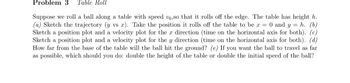 Problem 3 Table Roll
Suppose we roll a ball along a table with speed vo,so that it rolls off the edge. The table has height h.
(a) Sketch the trajectory (y vs x). Take the position it rolls off the table to be x = 0 and y = h. (b)
Sketch a position plot and a velocity plot for the x direction (time on the horizontal axis for both). (c)
Sketch a position plot and a velocity plot for the y direction (time on the horizontal axis for both). (d)
How far from the base of the table will the ball hit the ground? (e) If you want the ball to travel as far
as possible, which should you do: double the height of the table or double the initial speed of the ball?