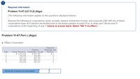 Required information
Problem 11-47 (LO 11-2) (Algo)
[The following information applies to the questions displayed below.]
Assume the following S corporations, gross receipts, passive investment income, and corporate E&P. Will any of these
corporations have its S election terminated due to excessive passive income? If so, in what year? All became S
corporations at the beginning of year 1. (Leave no answer blank. Select "NA" if no effect.)
Problem 11-47 Part c (Algo)
c. Tiffany Corporation
Corporate
Earnings and
Passive
Year
Gross Receipts Investment Income
$ 253, 600
304, 080
403, 970
354, 070
293, 977
Profits
$ 1, 001, 818
704, 000
801, 115
900, 890
672, 000
$ 0
2
3
4
5
Would the S election be terminated?
