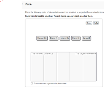 Part A
Place the following pairs of elements in order from smallest to largest difference in electrone
Rank from largest to smallest. To rank items as equivalent, overlap them.
Ca and Te
K and F
The smallest difference
Reset Help
Li and Br S and O Br and I
The correct ranking cannot be determined.
The largest difference