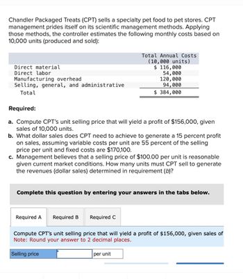 Chandler Packaged Treats (CPT) sells a specialty pet food to pet stores. CPT
management prides itself on its scientific management methods. Applying
those methods, the controller estimates the following monthly costs based on
10,000 units (produced and sold):
Direct material
Direct labor
Manufacturing overhead
Selling, general, and administrative
Total
Required:
a. Compute CPT's unit selling price that will yield a profit of $156,000, given
sales of 10,000 units.
b. What dollar sales does CPT need to achieve to generate a 15 percent profit
on sales, assuming variable costs per unit are 55 percent of the selling
price per unit and fixed costs are $170,100.
c. Management believes that a selling price of $100.00 per unit is reasonable
given current market conditions. How many units must CPT sell to generate
the revenues (dollar sales) determined in requirement (b)?
Complete this question by entering your answers in the tabs below.
Required A
Required B
Selling price
Total Annual Costs
(10,000 units)
$ 116,000
54,000
120,000
94,000
$ 384,000
Required C
Compute CPT's unit selling price that will yield a profit of $156,000, given sales of
Note: Round your answer to 2 decimal places.
per unit