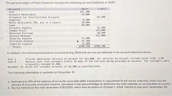 The general ledger of Pop's Fireworks includes the following account balances in 2024:
Accounts
Credit
Cash
Accounts Receivable
Allowance for Uncollectible Accounts
Supplies
Notes Receivable (8%, due in 2 years)
Land
Accounts Payable.
Common Stock
Retained Earnings
Service Revenue
Salaries Expense
Utilities Expense
Supplies Expense
Totals.
Debit
$22,200
44,000
June 3
June 8
8,200
20,000
90,000
71,400
25,700
17,200
$298,700
$3,200
13,300
126,000
30,400
125,800
$298,700
In addition, the following transactions occurred during 2024 and are not yet reflected in the account balances above:
Provide additional services on account for $12,000. All services on account include terms 2/10, n/30.
Receive cash from customers within 10 days of the services being provided on account. The customers were
originally charged $7,500.
November 15 Write off customer accounts of $3,500 as uncollectible.
The following information is available on December 31.
a. Estimate that 10% of the balance of accounts receivable (after transactions in requirement 1) will not be collected. (Hint Use the
January 31 accounts receivable balance calculated in the general ledger to determine the total estimate of uncollectible accounts.)
b. Accrue interest on the note receivable of $20,000, which was accepted on October 1, 2024. Interest is due each September 30.