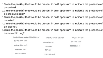 1 or 2 diffused peaks ~3300-3000 cm-1
big U at 3300 cm-1
spike at 3300 cm-1
3300-3000 cm-1
3000-2850 cm-1
smooth peak at ~2850 cm-1
1800-1600 cm-1
1465 cm-1
1375 cm-1
1200-1000 cm-1
990 and 910 cm-1
800-1000 cm-1
600-800 cm-1