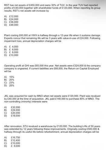 RST has net assets of £450,000 and owns 30% of TUV. In the year TUV had reported
profits of £40,000 together with shareholder funds of £120,000. When reporting its group
results, RST's net assets will increase by
A) £12,000
B) £24,000
C) £36,000
D) £48,000
Plant costing £60,000 at VWX is halfway through a 12-year life when it sustains damage.
Experts concur that remaining life will be 3 years with value-in-use of £24,000. Following
impairment loss, annual depreciation charges will be
A) £4,000
B) £6,000
C) £8,000
D) £10,000
Operating profit at GHI was £65,000 this year. Net assets were £324,000 & the company
company is ungeared. If current liabilities are £68,000, the Return on Capital Employed
will be
A) 15%
B) 20%
C) 23%
D) 25%
JKL was acquired for cash by MNO when net assets were £120,000. Plant was revalued
by £40,000 at the time of acquisition. JKL paid £148,000 to purchase 80% of MNO. The
non-controlling (minority) interests were
A) £32,000
B) £24,000
시티이미
C) £20,000
£18,000
D)
After renovation, STU revalued a warehouse by £120,000. The building's life of 50 years
was extended by 12 years following these improvements. Originally costing £500,000 &
halfway through its useful life before refurbishment, annual depreciation charges will be
A)
ABCD
£16,750
B) £12,400
£10,000
C)
£ 8,000