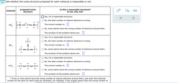cide whether the Lewis structure proposed for each molecule is reasonable or not.
molecule
proposed Lewis
IBr₂
structure
Is this a reasonable structure?
If not, why not?
Yes, it's a reasonable structure.
No, the total number of valence electrons is wrong.
: Br
Br
The correct number is:
BF 3
:
.
:F:
|
: F B
::
: 0 :
ocl2
: Cl
- O
-
..
F:
::
Cl:
No, some atoms have the wrong number of electrons around them.
The symbols of the problem atoms are: ☐
Yes, it's a reasonable structure.
No, the total number of valence electrons is wrong.
The correct number is:
No, some atoms have the wrong number of electrons around them.
The symbols of the problem atoms are:
Yes, it's a reasonable structure.
No, the total number of valence electrons is wrong.
The correct number is:
No, some atoms have the wrong number of electrons around them.
The symbols of the problem atoms are:
*If two or more atoms have the wrong number of valence electrons around them, just enter the chemical
symbol for the atom as many times as necessary. For example, if two oxygen atoms have the wrong number of
0,0,...
ك