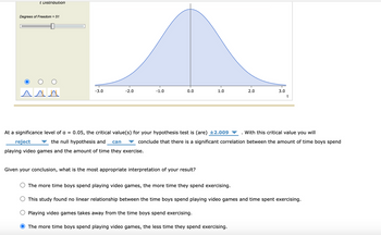 t Distribution
Degrees of Freedom = 51
-3.0
-2.0
-1.0
0.0
1.0
2.0
3.0
At a significance level of a =
reject
0.05, the critical value(s) for your hypothesis test is (are) ±2.009
the null hypothesis and can
With this critical value you will
conclude that there is a significant correlation between the amount of time boys spend
playing video games and the amount of time they exercise.
Given your conclusion, what is the most appropriate interpretation of your result?
The more time boys spend playing video games, the more time they spend exercising.
This study found no linear relationship between the time boys spend playing video games and time spent exercising.
Playing video games takes away from the time boys spend exercising.
The more time boys spend playing video games, the less time they spend exercising.