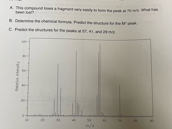 **Mass Spectrometry Analysis**

**A. Fragment Loss Analysis**

This compound loses a fragment very easily to form the peak at 70 m/z. What has been lost?

**B. Chemical Formula Determination**

Determine the chemical formula. Predict the structure for the M+ peak.

**C. Structure Prediction**

Predict the structures for the peaks at 57, 41, and 29 m/z.

**Graph Explanation**

The graph displayed is a mass spectrum, which plots relative intensity against the mass-to-charge ratio (m/z). 

- **X-Axis (m/z):** Represents the mass-to-charge ratio of ionized fragments.
- **Y-Axis (Relative Intensity):** Shows the abundance of each ion as a percentage of the most abundant ion peak in the spectrum.

Key observations:
- There are peaks of varying intensities at m/z values of approximately 29, 41, 57, and 70.
- The peak at 70 m/z is significant and indicates the formation of a stable fragment when the original compound undergoes fragmentation.
- Other notable peaks are visible at 57, 41, and 29 m/z, suggesting the presence of fragment ions with these m/z values.