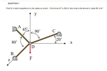 QUESTION 1
Point D is held in equilibrium by the cables as shown. If the force of F is 298 lb, then what is the tension in cable BD in lb?
y
Z
80°
B
A
45°
90°
D
F
C
20°
X