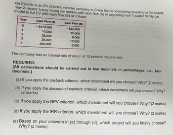 Go Electric is an EV (Electric vehicle) company in China that is considering investing in the brand-
new 2-seater luxury racing car market with cash flow (A) or upgrading their 7-seater family car
model to full EV with cash flow (B) as follows:
Year
Cash Flow (A)
Cash Flow (B)
0
-$170,000
-$18,000
1
10,000
10,000
2
25,000
6,000
3
25,000
10,000
4
380,000
8,000
The company has an internal rate of return of 15 percent requirement,
REQUIRED:
[All calculations should be carried out in two decimals in percentages, i.e., four
decimals.]
(a) If you apply the payback criterion, which investment will you choose? Why? (2 marks)
(b) If you apply the discounted payback criterion, which investment will you choose? Why?
(2 marks)
(c) If you apply the NPV criterion, which investment will you choose? Why? (2 marks)
(d) If you apply the IRR criterion, which investment will you choose? Why? (2 marks)
(e) Based on your answers in (a) through (d), which project will you finally choose?
Why? (2 marks)