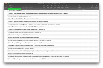 View
125% ✓
Zoom
Part 1_Transactions
Transactions for July 2024
1 On July 1, 2024, Cedar River Company, an information technology (IT) consulting company, sold common stock for $650,000 all at par value.
2 On July 3, Cedar River paid $225,000 cash for land.
3 Cedar River purchased $1,250 of office supplies on account on July 5.
4 On July 6, Cedar River provided IT consulting services for a client and collected $12,000 cash.
5 Cedar River provided IT consulting services of $14,000 for clients on July 7. The clients will pay Cedar River in the future.
6 Cedar River paid cash expenses on July 13: salaries of $6,000 (ignore payroll taxes).
7 On July 12, Cedar River paid $750 on the accounts payable created in Transaction #3.
Add Category Pivot Table
Part1_Journal Entires
Rakowo - Accounting Cycle Workbook (7) Edited
@
A
Table Chart Text Shape Media
Part 1_Worksheet
8 Cedar River collected $3,000 cash on July 14 from a client in transaction #5.
9 Provided IT consulting services of $31,000 to a client on account.
10 On July 16, Cedar Rivers paid $2,500 in cash dividends to shareholders.
+
Part 1_T-Accounts
Insert
11 On July 18, Cedar River prepaid office rent of $15,000 for the months of July, August and September.
12 Cedar River paid $6,000 (ignore payroll taxes) salaries to employees on July 20.
13 Cedar River purchased a building for $520,000 on July 25. A note payable was issued for the entire amount.
14 On July 26, Cedar River paid cash of $25,000 for furniture.
Comment
Part 2 Instructions
15 Cedar River received a cell phone bill for $1,100, on July 28, and will pay this amount in August. Use Utilities Payable.
16 On July 27, Cedar River paid employee salaries of $6,000.
17 Cedar River meets with a client on July 30, who pays $22,000 in advance for consulting services to be performed during August and September.
18 On July 30, Cedar River performed consulting services for clients and received $16,000 in cash.
Share
Part 2_Adjusting Entries
Format
Organize
Part 2_ < >