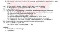 5. The following transactions occurred in the first month of operation of the "At-Your-Service Motor-
Shop".
Jan. 2- The owner, A. Moreno, invested P10, 000 cash to start the business.
7- Paid P3,
6 - Bought for cash repair equipment worth P45, 000
550 for repair supplies bought.
9- Cash of P2, 500 was received from a costumer for repair service done on his automobile.
12 - Sent a bill for P9, 500 to R. Fernandez for repair work done on his delivery truck.
15 – Paid for the tools ordered and received, P4, 550.
17 - Paid the wages of the shop helper, P2, 500.
20 – Bought repairs supplies, from ABC Trading worth P7, 800 on credit.
22 - Collected P2, 500 from R. Fernandez as partial settlement of his account.
25 - Gave P2, 800 cash to ABC Trading as partial settlement of the account due to it.
29 – Received P25, 000 from various customers for repair services rendered.
30 - Paid the rent of the shop, P8, 000.
30 – Paid the wages of the shop helper, P2, 500.
Required:
1. Postings to the General Ledger
2. Trial Balance
