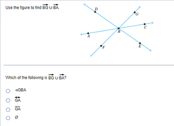 Use the figure to find BG U BA
Which of the following is BG U BA?
GBA
GA
GA
Ø
S
B
G