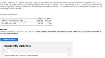 In 20X6, Dalia Corp., a calendar fiscal-year company, discovered that depreciation expense was erroneously overstated $67,000 in
both 20X4 and 20X5 for financial reporting purposes. Net income in 20X6 is correct. The tax rate is 25%. The error was made only for
financial reporting, affecting depreciation and deferred income tax accounts. CCA had been recorded correctly, and thus there will be
ho change in taxes payable.
Additional information:
20X6
20X5
Beginning retained earnings
$454,000
Earnings (includes error in 20X5)
Dividends declared
85,400
62,200
$430,400
95,900
72,300
Required:
1. Record the entry in 20X6 to correct the error. (If no entry is required for a transaction/event, select "No journal entry required" in
the first account field.)
View transaction list
Journal entry worksheet
1
Record the entry for 20X6 to correct the error.