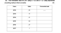 Q3. Find forecasted value for 2017 using a = 0.5 and a = 0.7 using exponential
smoothing method. Which a is better
(10
Years
Sales
Forecasted sale
2012
25
2013
17
2014
2015
30
2016
27
2017
21
