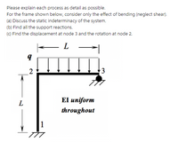 Please explain each process as detail as possible.
For the frame shown below, consider only the effect of bending (neglect shear).
(a) Discuss the static indeterminacy of the system.
(b) Find all the support reactions.
(C) Find the displacement at node 3 and the rotation at node 2.
El uniform
L
throughout
1
